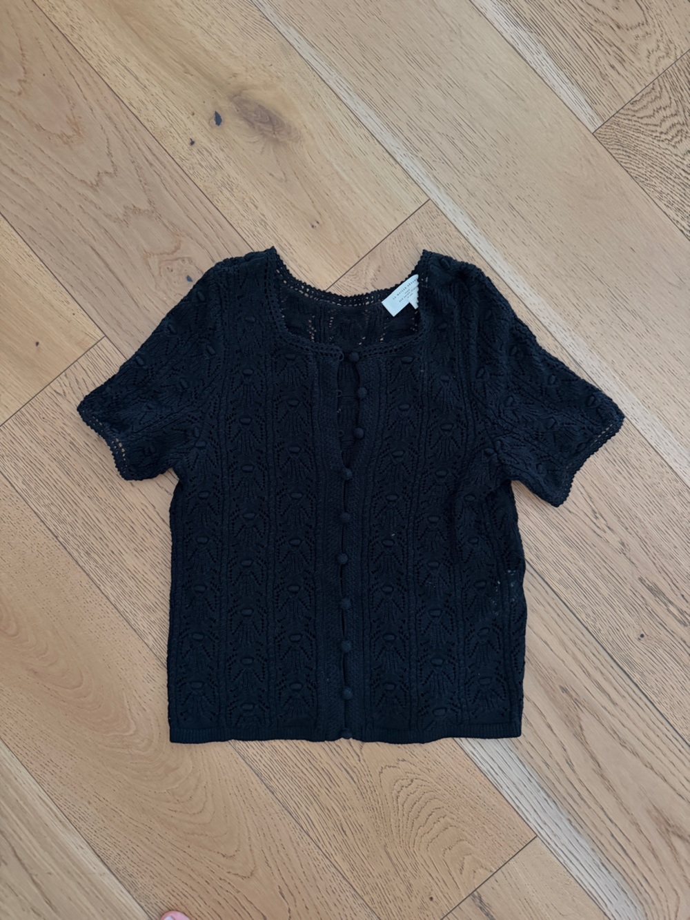 Sezane Black Crochet Button-Front Short Sleeve Top